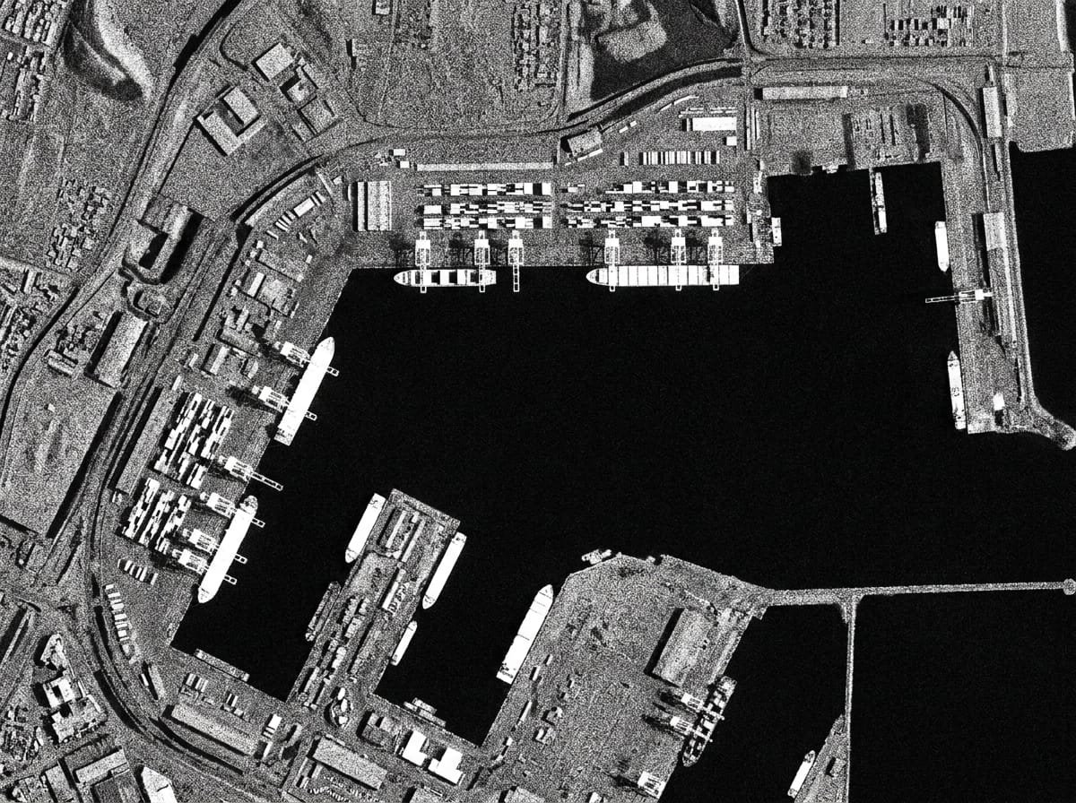 SAR radar satellite image of a seaport — vessels as bright radar returns, captured through cloud cover
