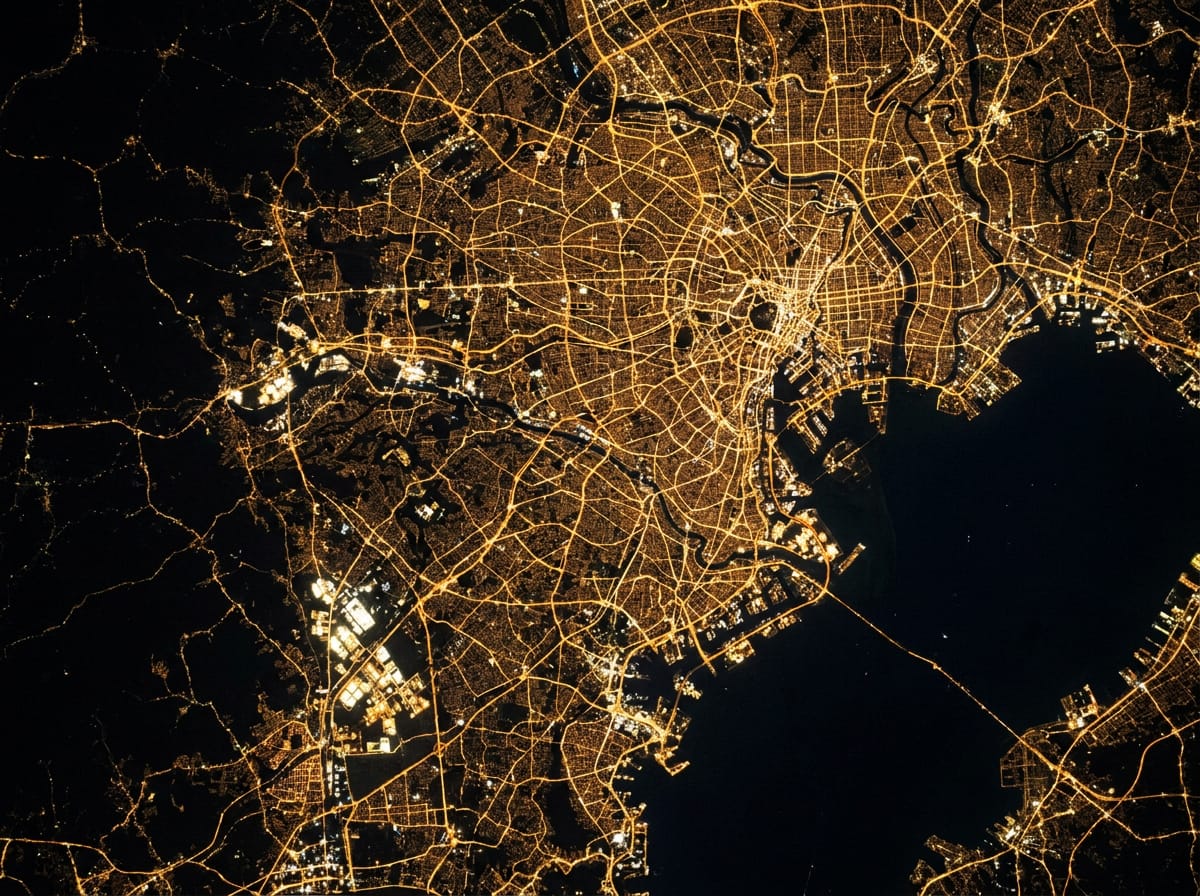 Nighttime satellite view of city lights — VIIRS nightlight data tracking urban and industrial activity